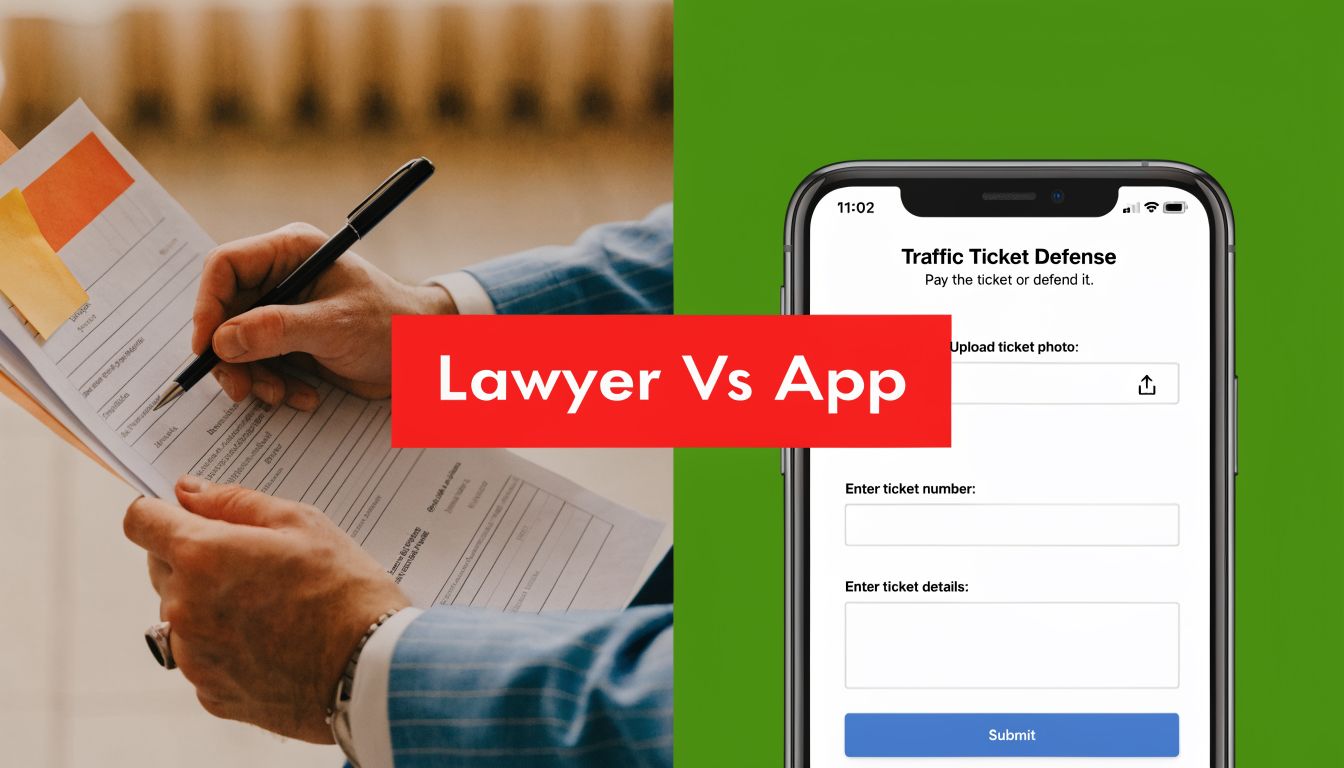 A split image comparing a person filling out legal paperwork with a mobile app for traffic tickets.