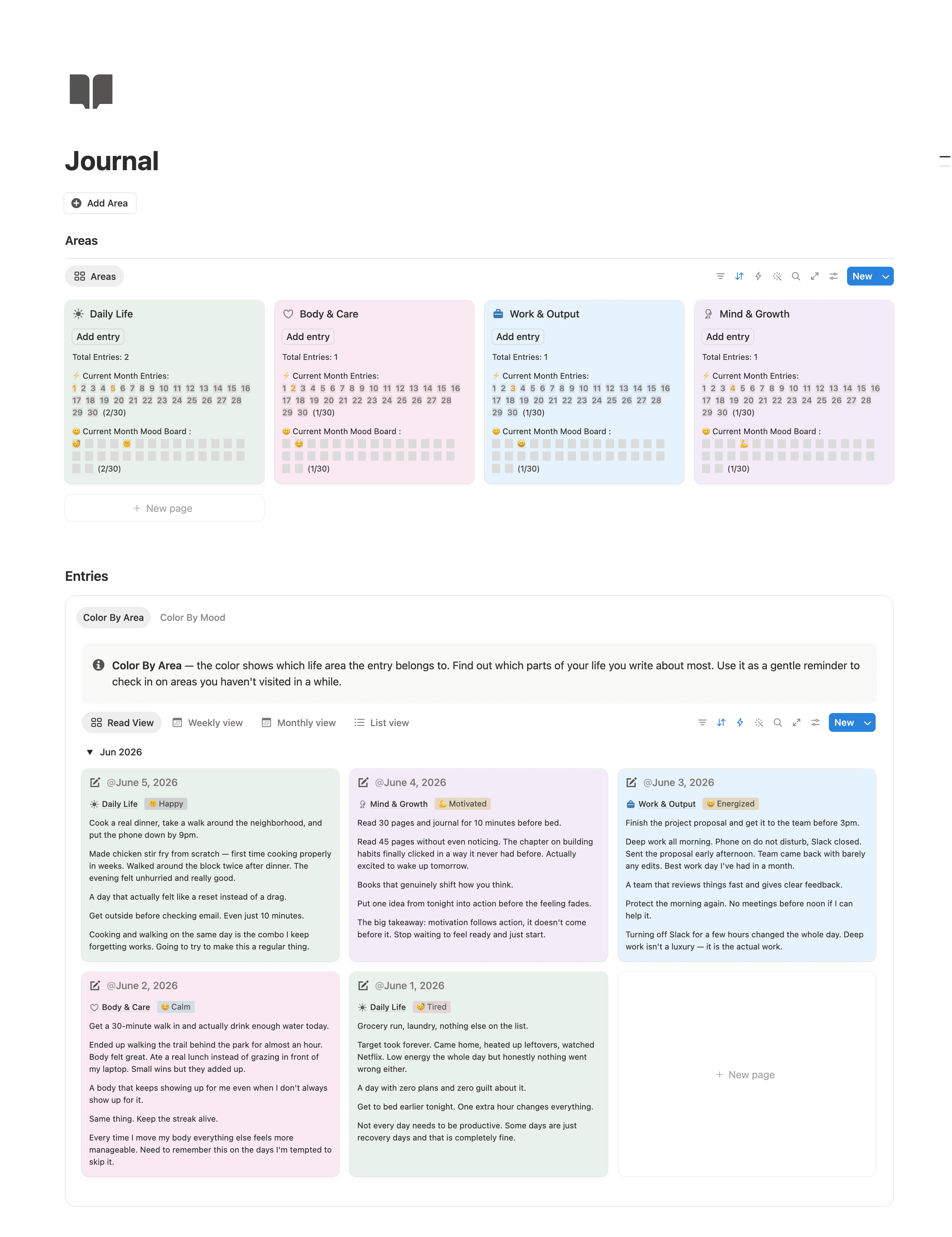 Journal Notion template for capturing daily reflections, thoughts, and personal growth