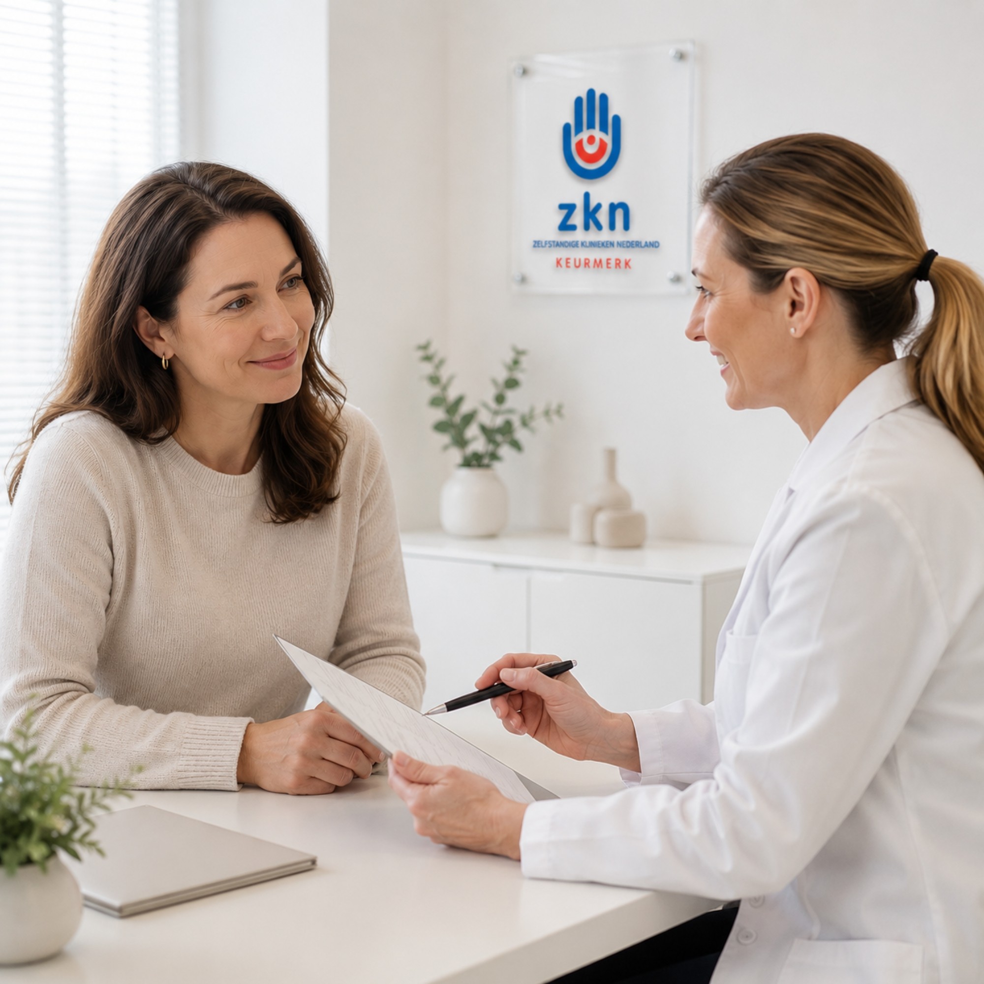 Vrouwelijke patiënt in gesprek met een zorgspecialist in een moderne consultkamer, met het ZKN-keurmerk zichtbaar op de achtergrond als symbool voor kwaliteit, patiëntveiligheid en onafhankelijke toetsing van zorg.