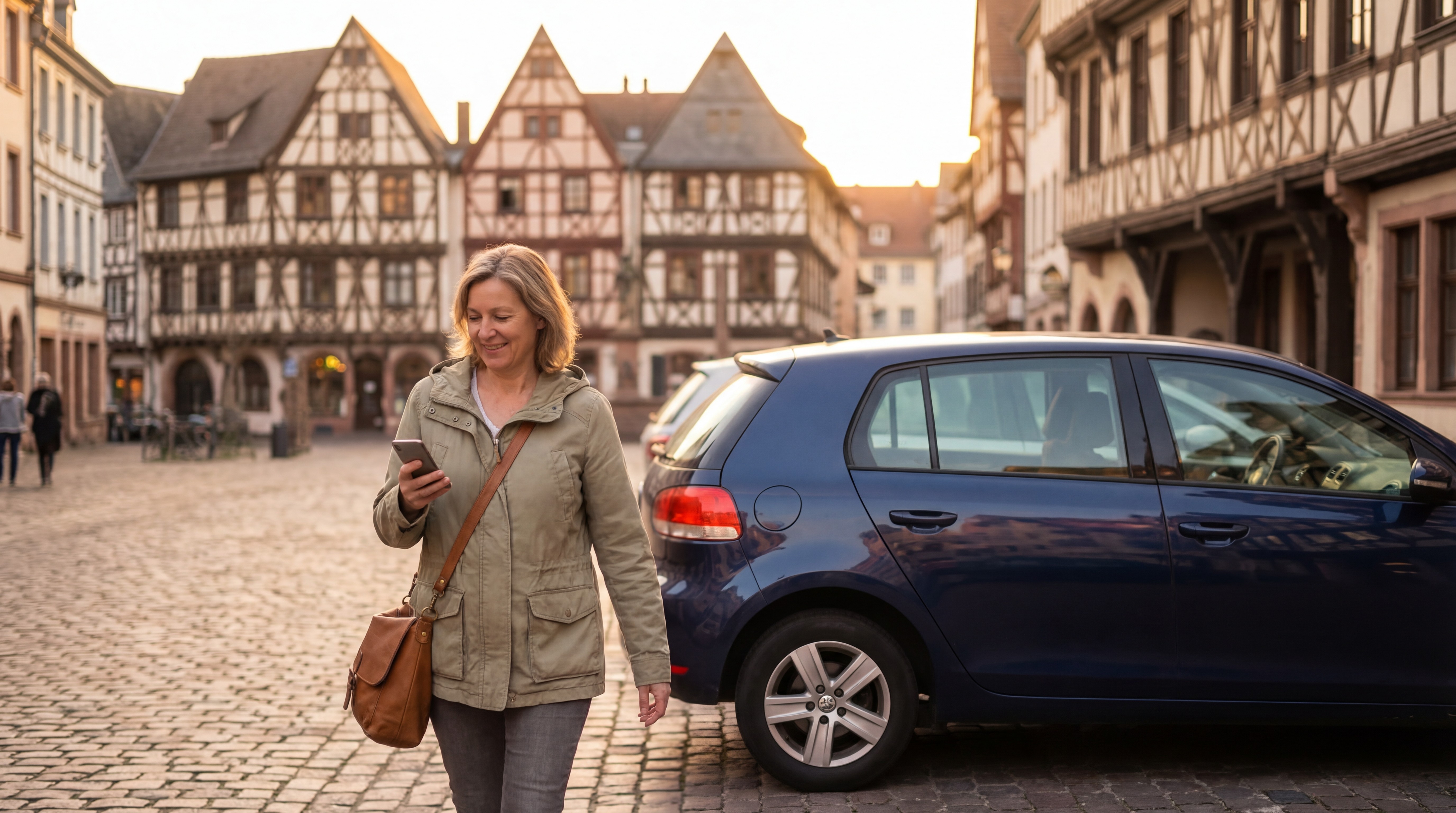 two people looking at a tablet and smiling