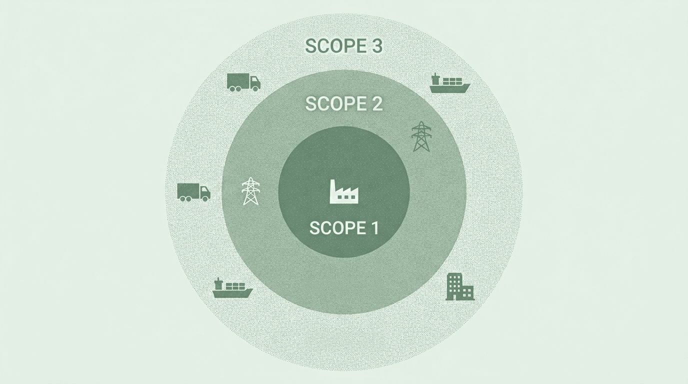 Scope 1 2 and 3 emissions concentric circles diagram showing direct operations at the centre surrounded by purchased energy and value chain categories