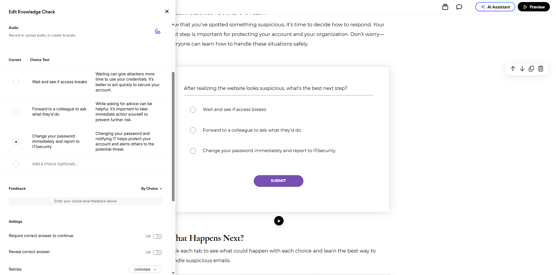 Screenshot of Articulate Rise 360 showing the Knowledge Check editor for a multiple-choice question, including answer feedback and the learner preview.