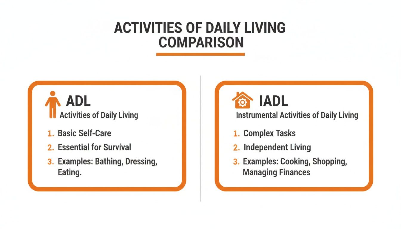 A comparison chart detailing Activities of Daily Living (ADL) and Instrumental Activities of Daily Living (IADL).