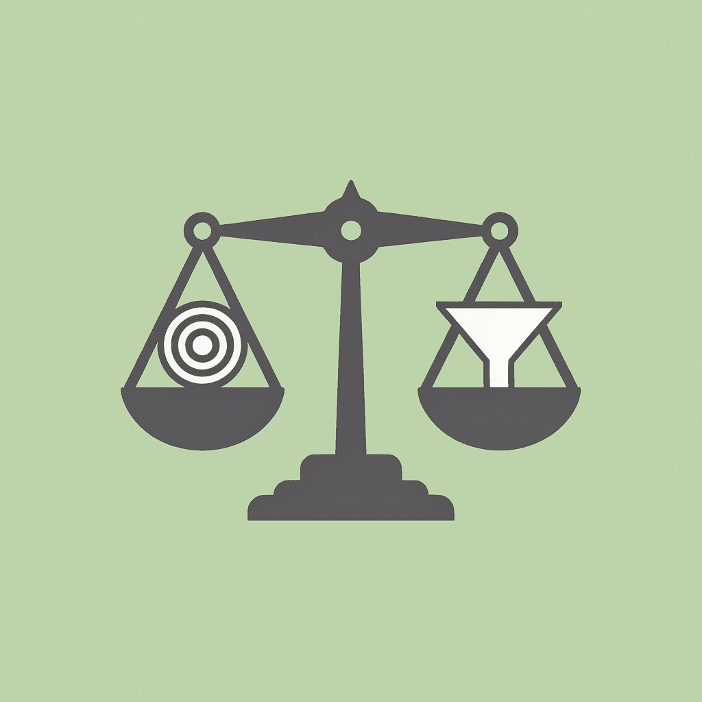 Balance scale comparing targeted applications on one side, outweighing generic submissions on the other