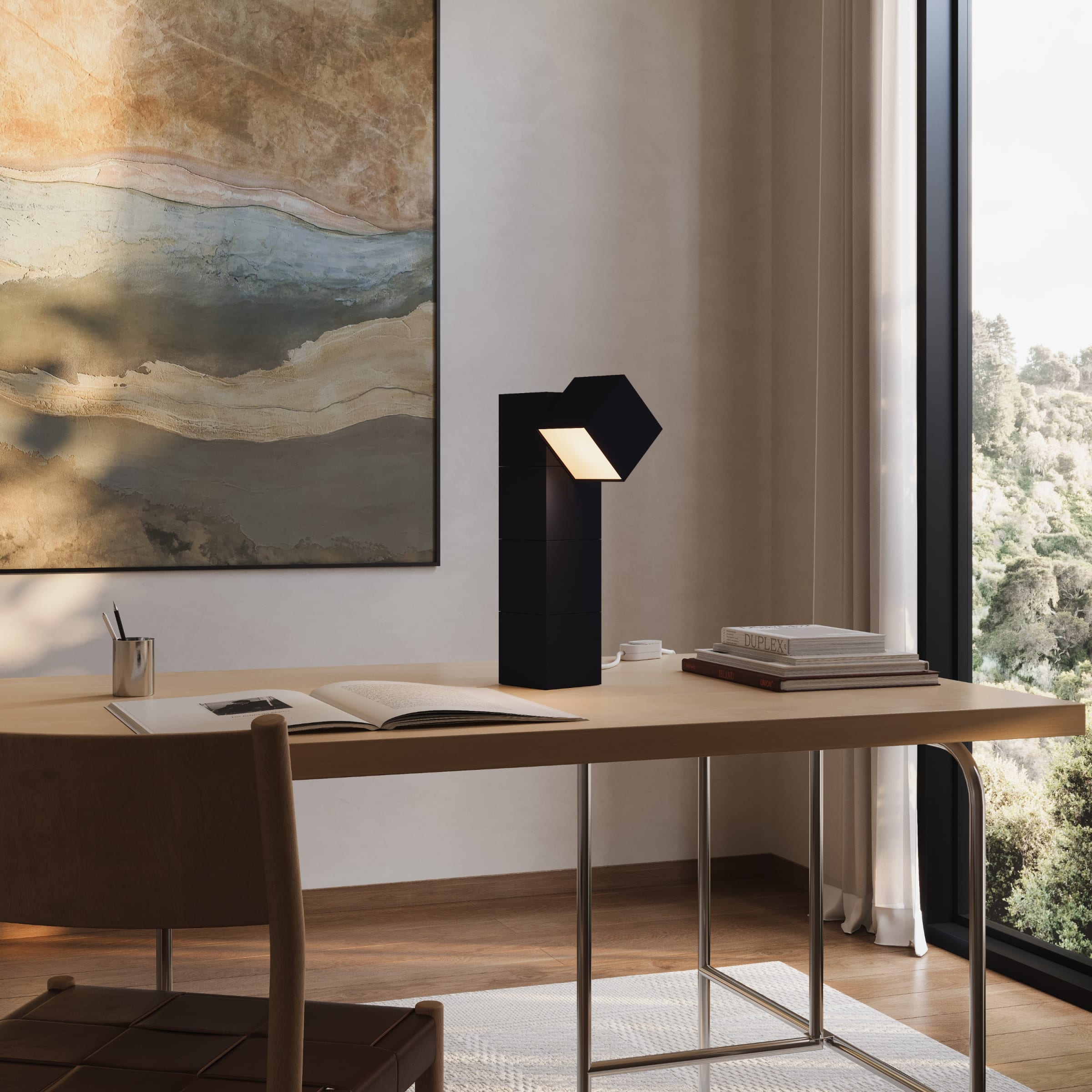 Gantri Analog Task Light in carbon, stacked cube form printed from plant-based polymer