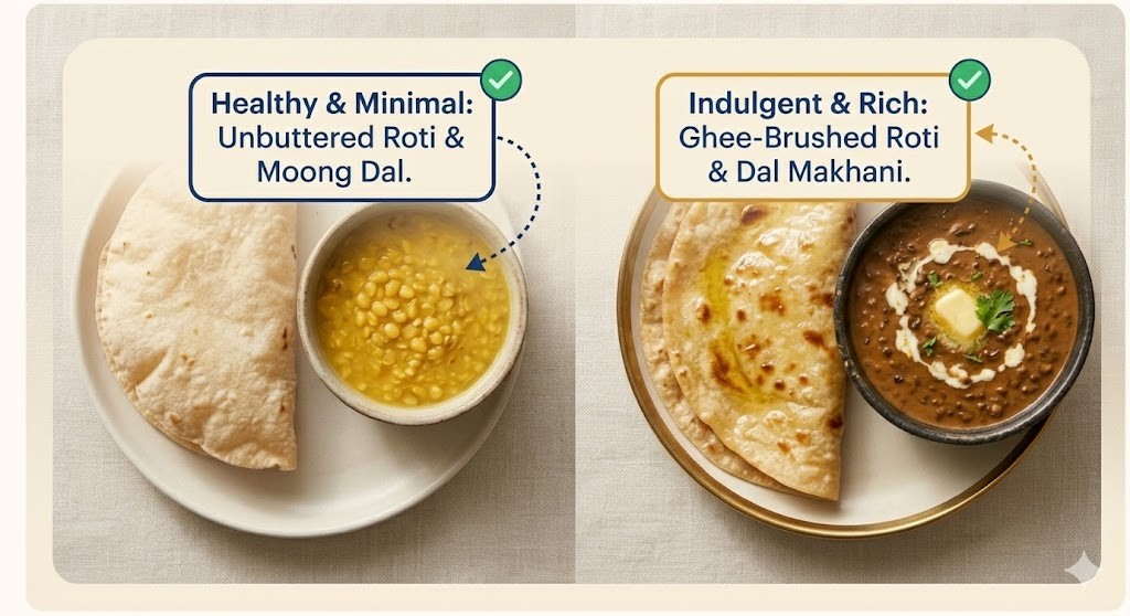 An image contrasting two Indian meal options. On the left is a "Healthy & Minimal" option with a plain, unbuttered roti and a simple bowl of Moong Dal (yellow lentils). On the right is an "Indulgent & Rich" option featuring a shiny, ghee-brushed roti and a creamy bowl of Dal Makhani garnished with butter and coriander. Both are shown with arrows pointing to the dishes and green checkmarks indicating positive choices.