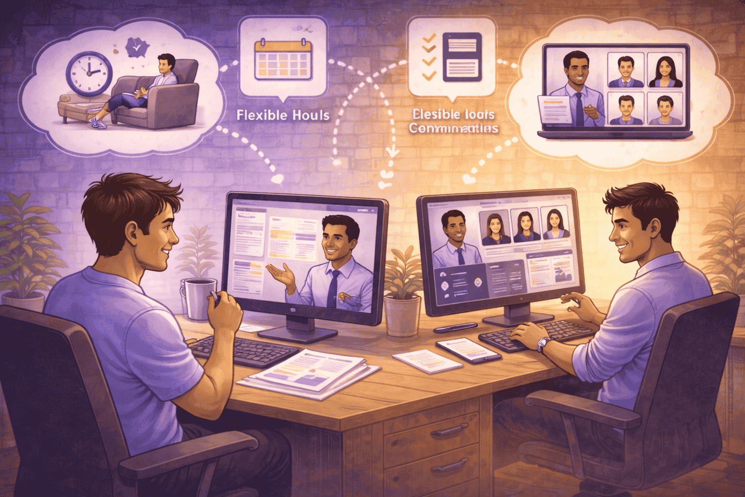 Remote employee working flexible hours while staying connected with manager through structured communication and guidance.