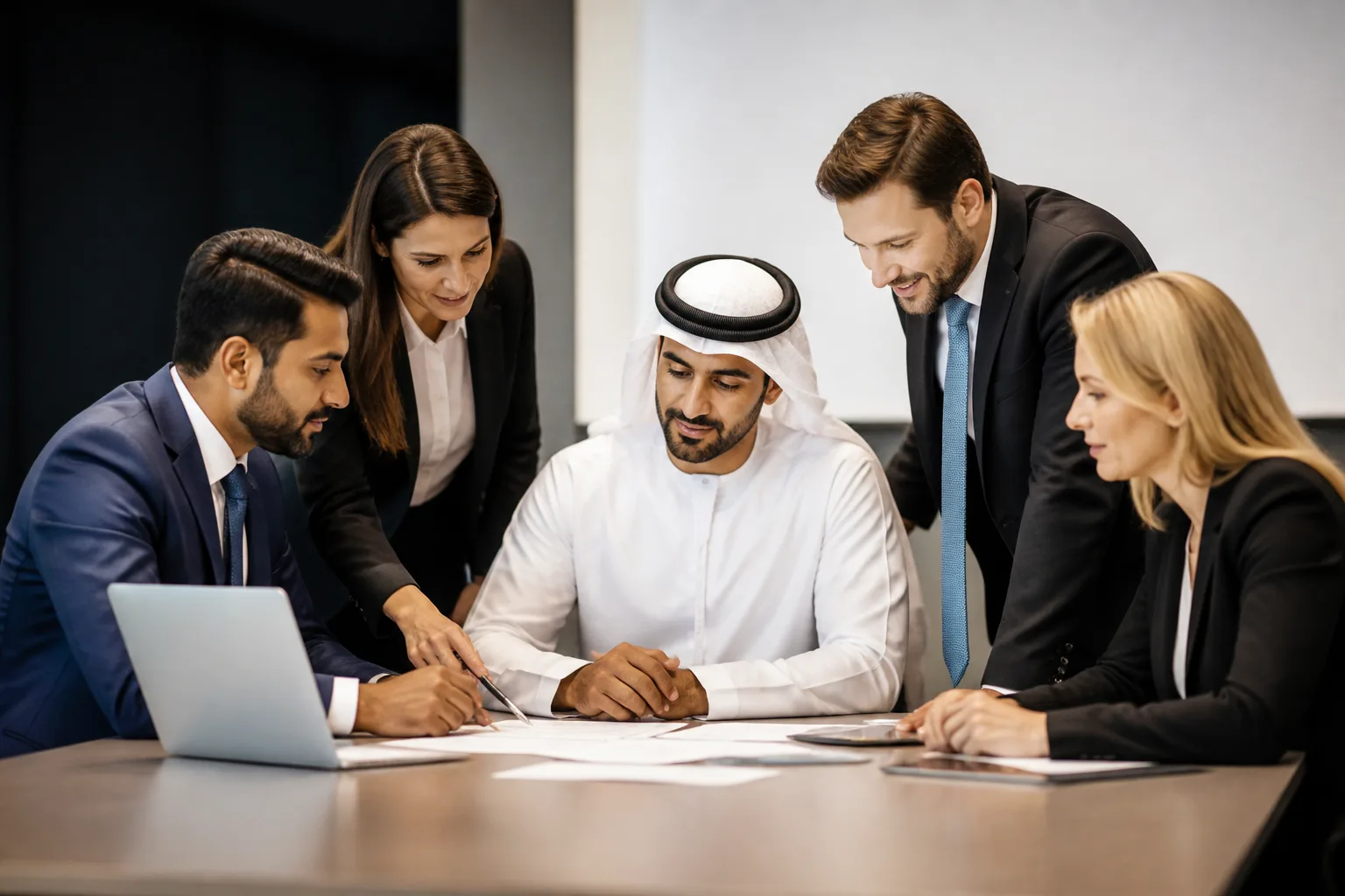 Four shareholder icons connected to a single Dubai company entity
