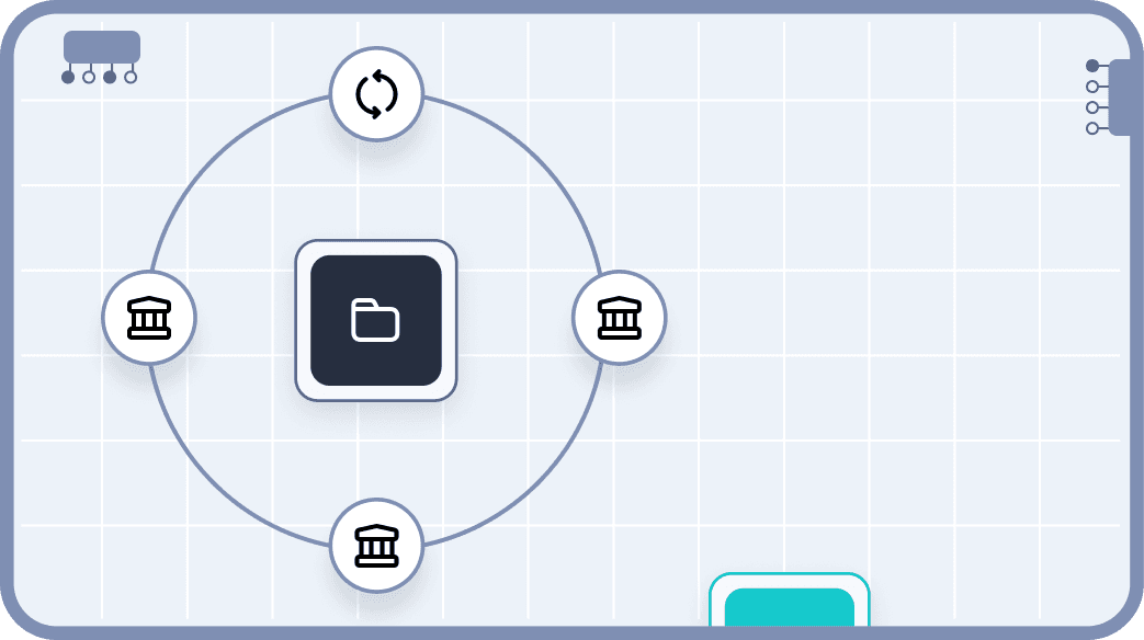 Illustration of a digital dashboard features a central folder icon connected to four bank building icons, symbolizing financial networking and data management with a circular flow design on a grid background.