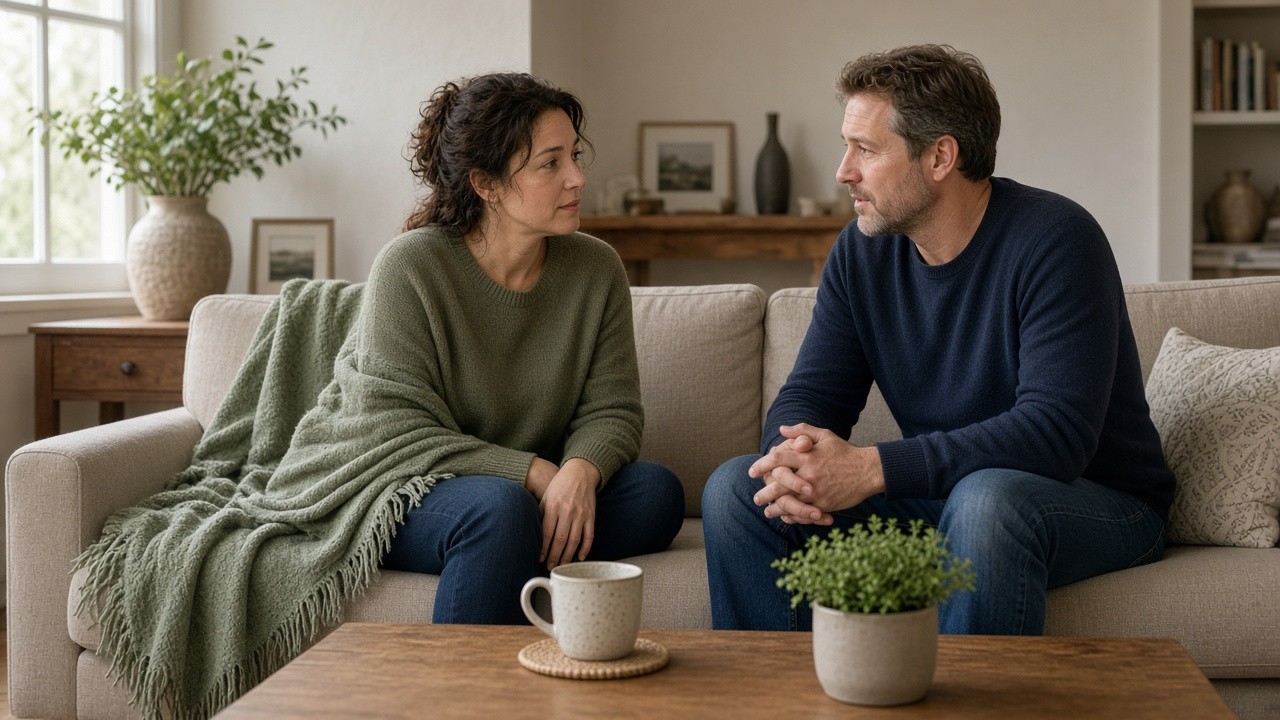 This image shows a man and woman sitting on a beige couch in a well-lit living room having a serious or thoughtful conversation. The woman, in a green sweater, is wrapped in a green blanket, and the man wears a dark blue sweater and jeans. They face each other attentively. The room includes a wooden coffee table with a mug and potted plant, a side table with a vase, and neutral-toned décor, conveying a calm and cozy atmosphere. This image is suitable for illustrating themes of communication, relationships, counseling, or emotional support.