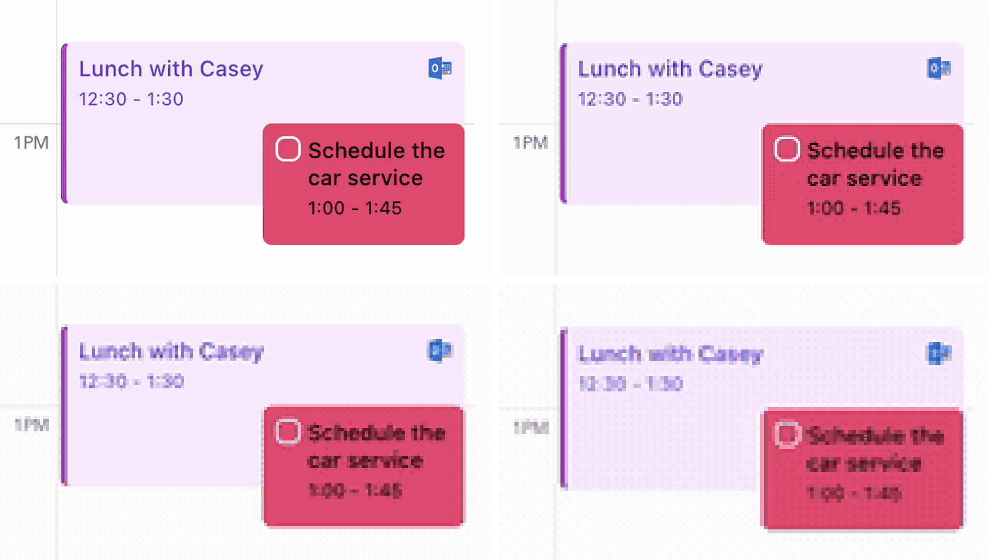 Four enlarged copies of the Lunch with Casey and Schedule the car service calendar blocks: crisp in the original, slightly soft at 1200 pixels, readable but blocky at 800, and the small time labels hard to read at 640