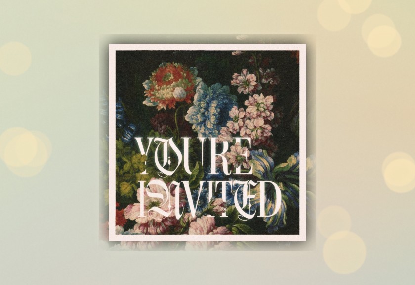 Digital invite with a moody floral painting background and classic serif text reading “You’re Invited” — a dramatic and vintage baby shower vibe.