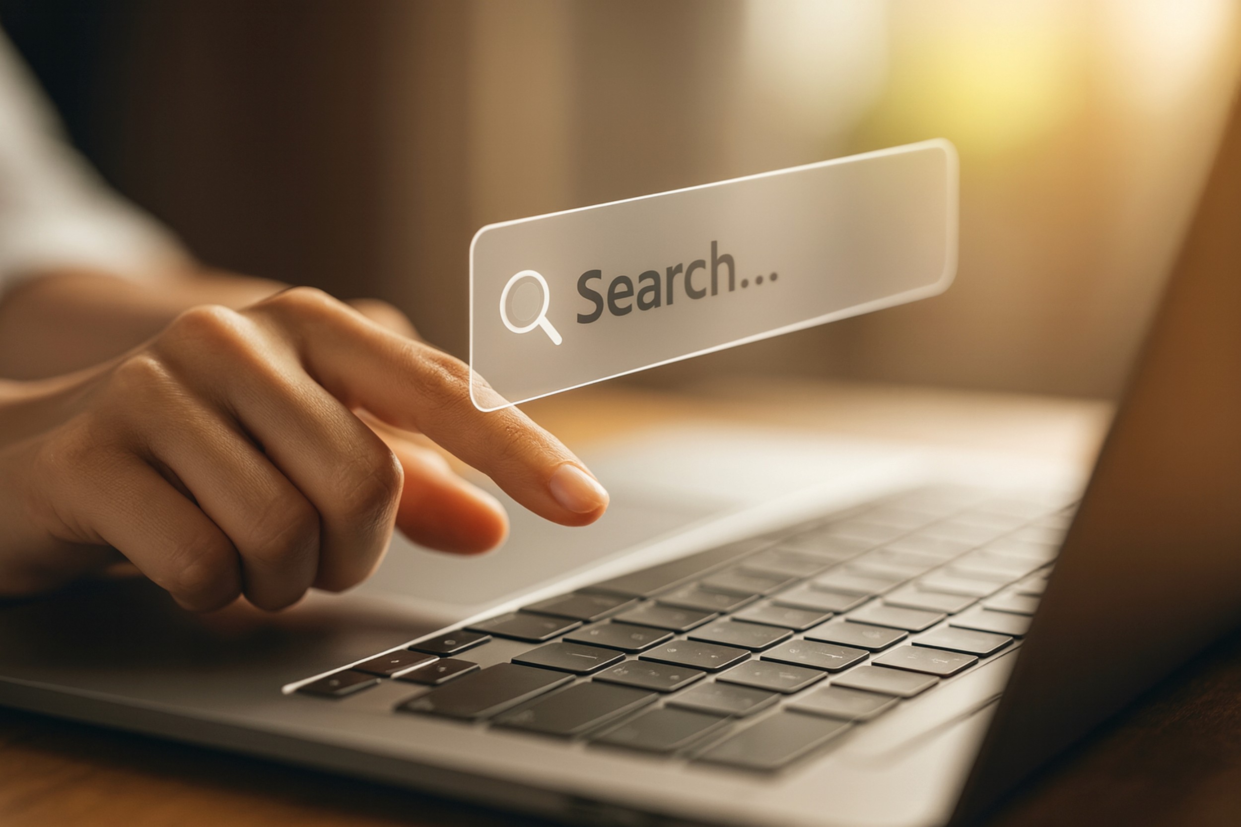 Hand clicking digital search icon on laptop keyboard for online SEO search