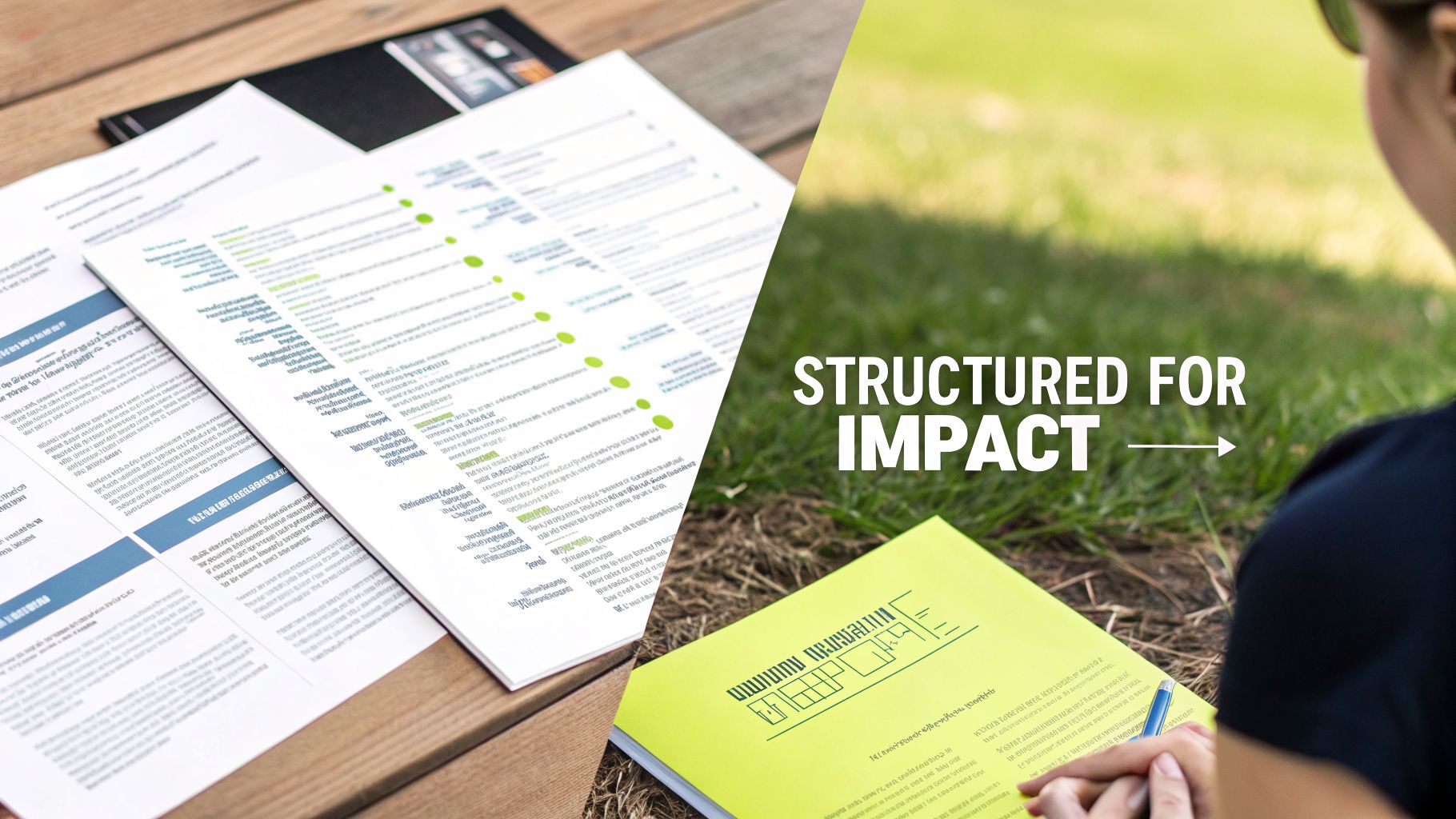 Documents with green points on a wooden table, and a person reading a yellow booklet outdoors.