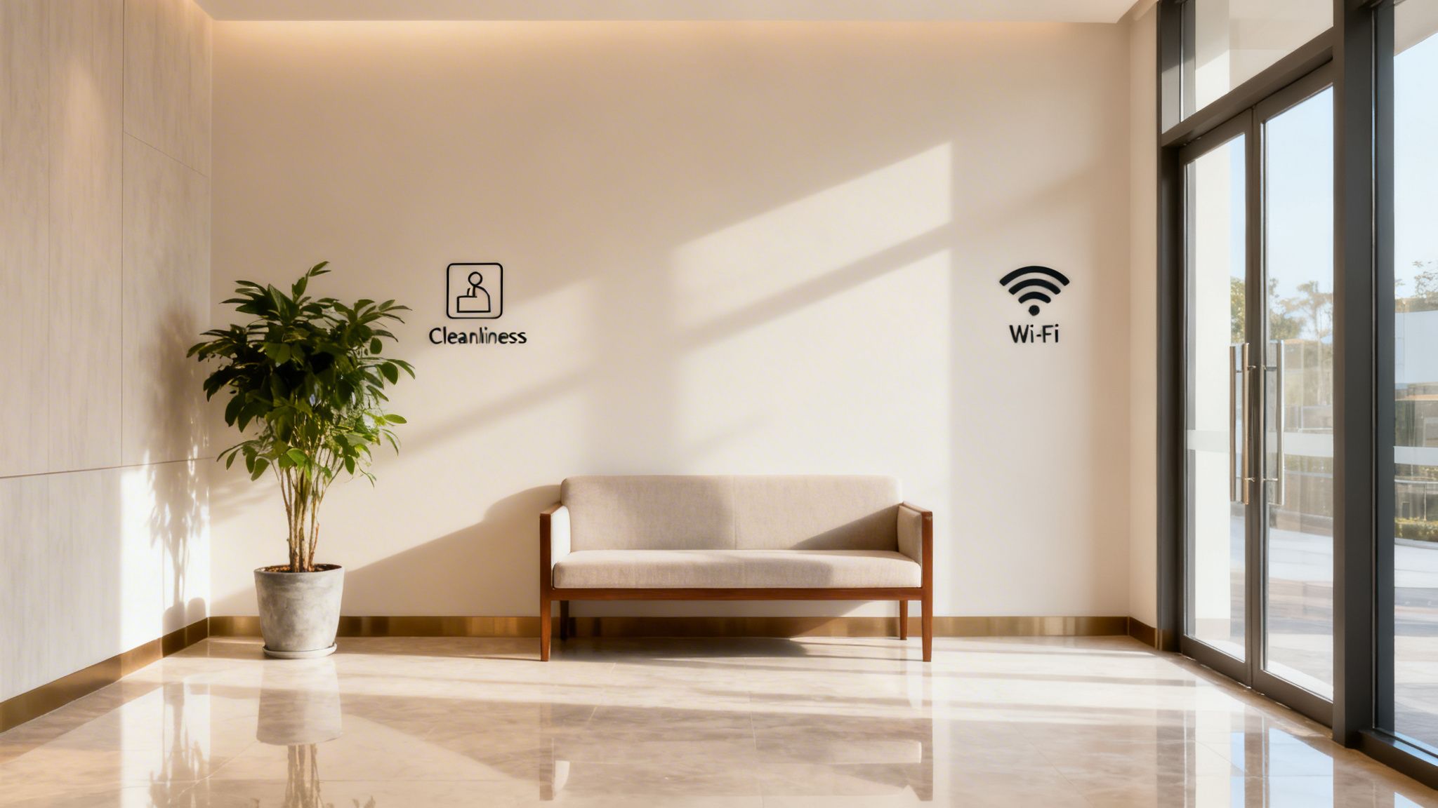 A bright and modern lobby area with a sofa, plant, and icons for cleanliness and Wi-Fi.