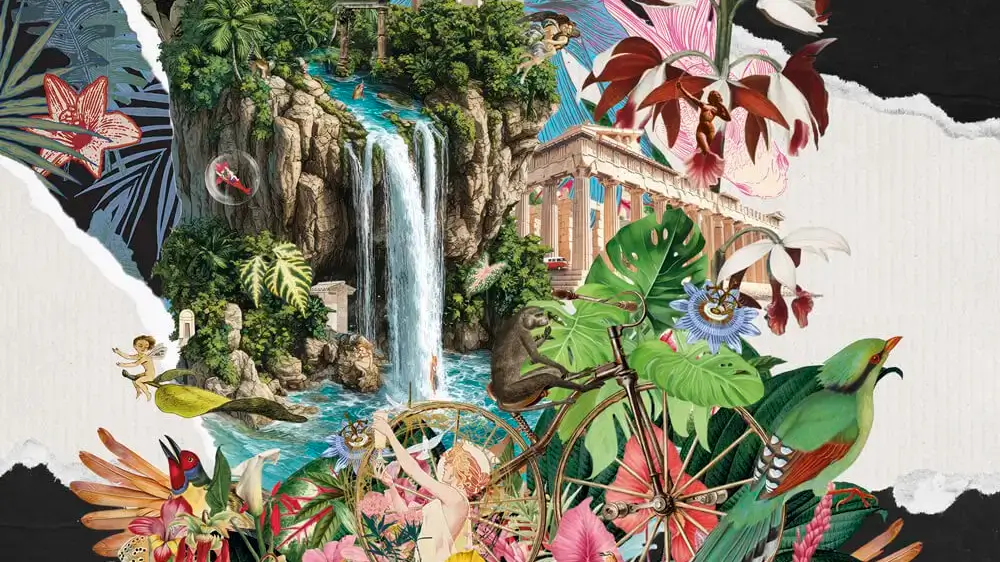 Key visual de Thankium: Collage creativo de naturaleza con cascada, flores exóticas y elementos mitológicos.