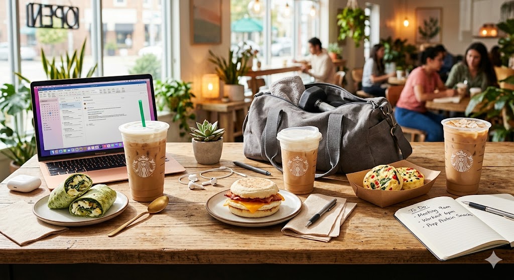 Three complete high-protein Starbucks-inspired breakfast pairings—including egg bite sandwiches, an avocado wrap, and iced protein lattes with cold foam—arranged on a café table alongside a laptop, a gym bag, and wireless earbuds, under bright natural morning light, representing a busy healthy lifestyle.