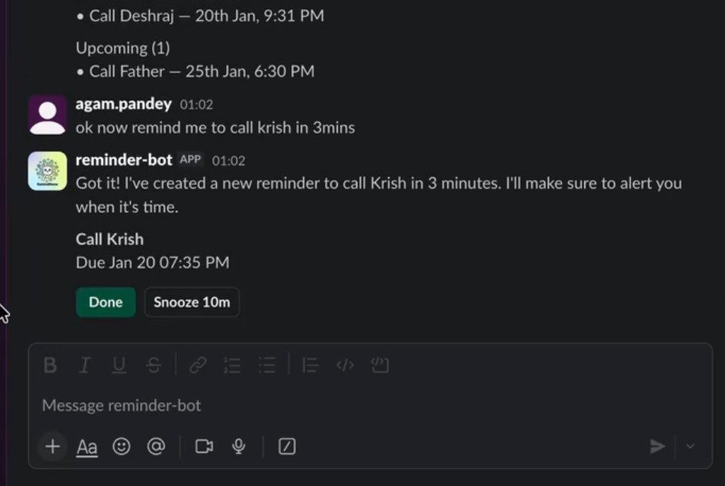 Slack reminder notification with Done and Snooze buttons.