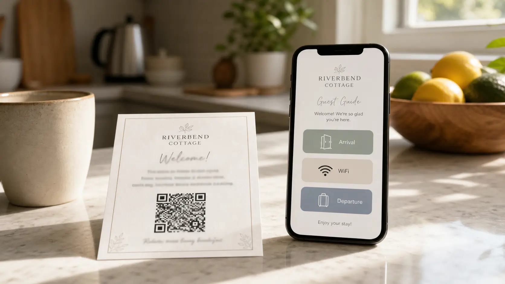 Printed welcome card with QR code on a counter beside a phone showing a digital Airbnb guidebook.