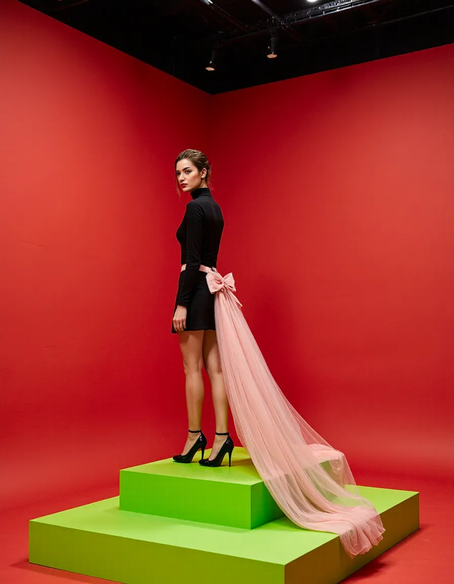 Model in black outfit with pink tulle train standing on neon green steps against red studio background