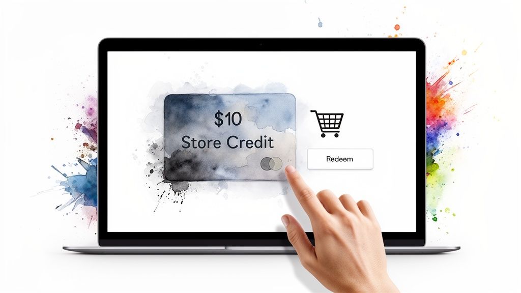 A hand points at a laptop screen displaying a $10 store credit and a redeem button.