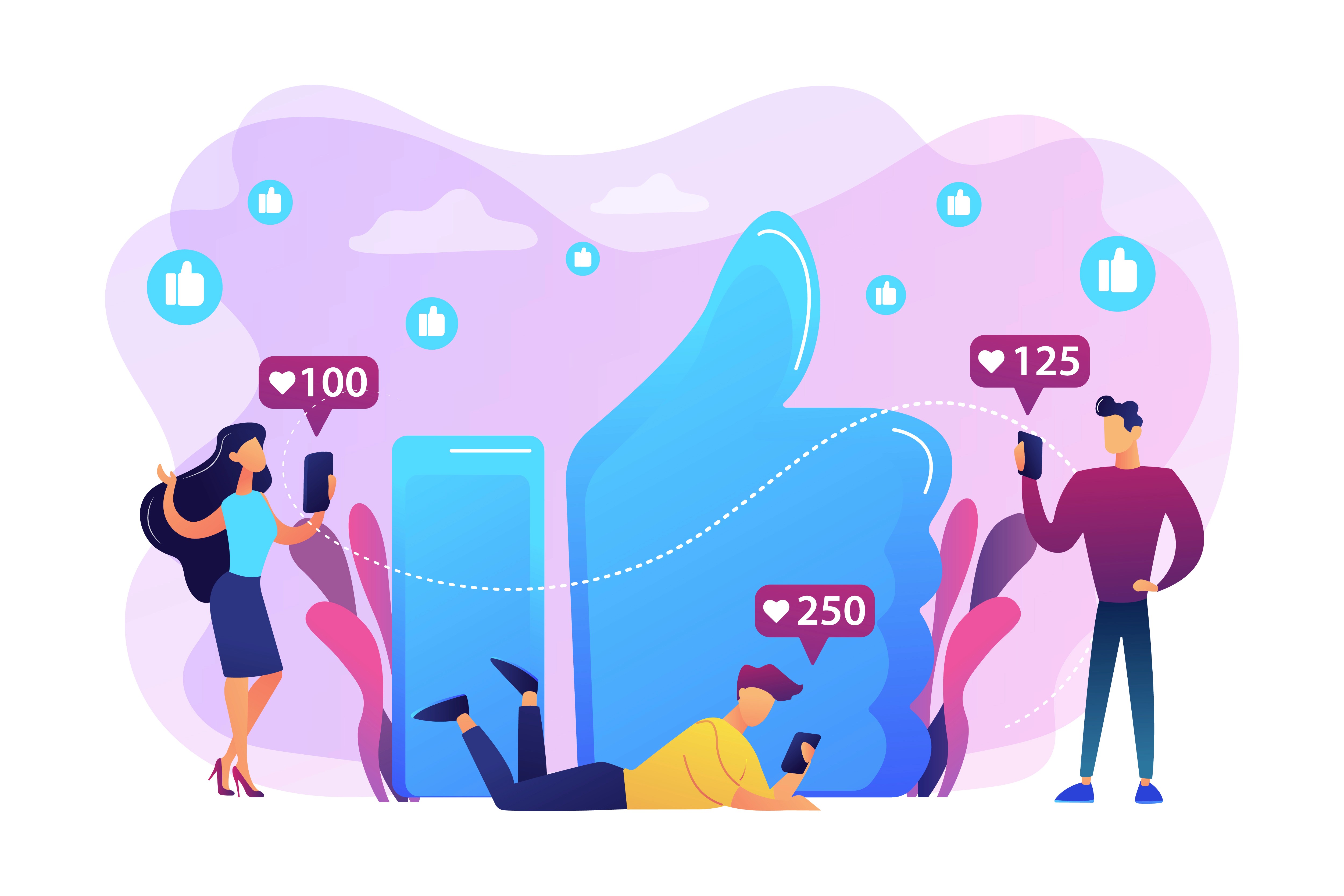 Illustrated social media users on smartphones with like and heart engagement counters floating overhead
