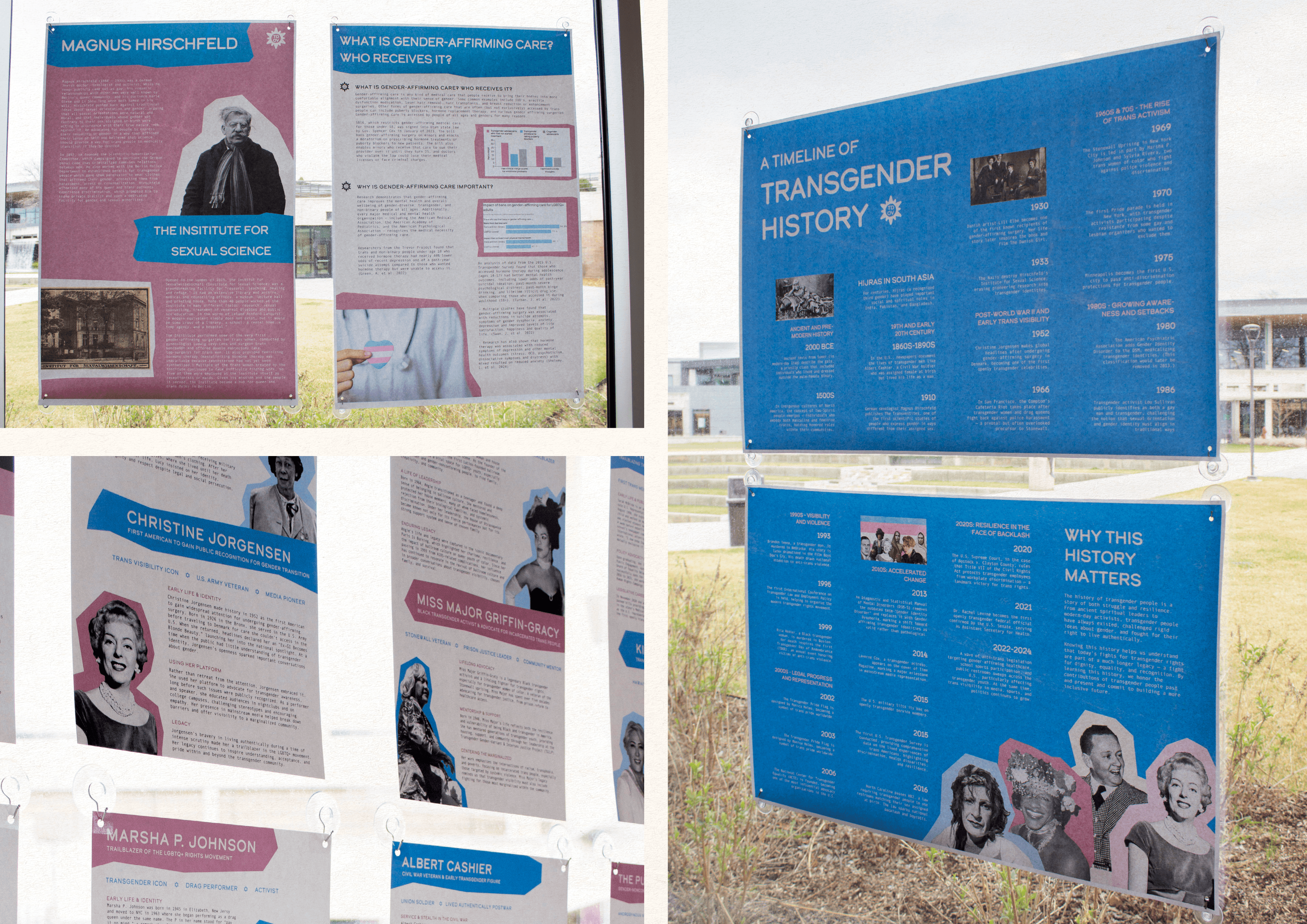Informational posters detail transgender history and gender-affirming care.