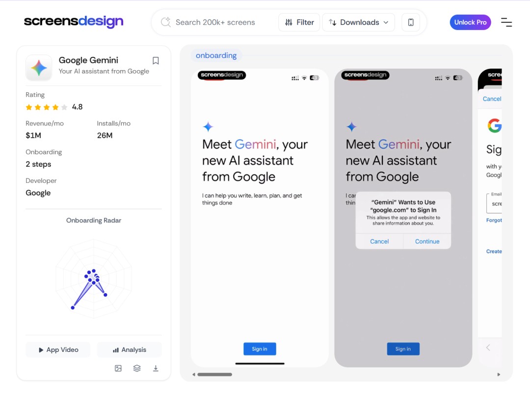 Google Gemini AI assistant onboarding screens with sign-in prompt.