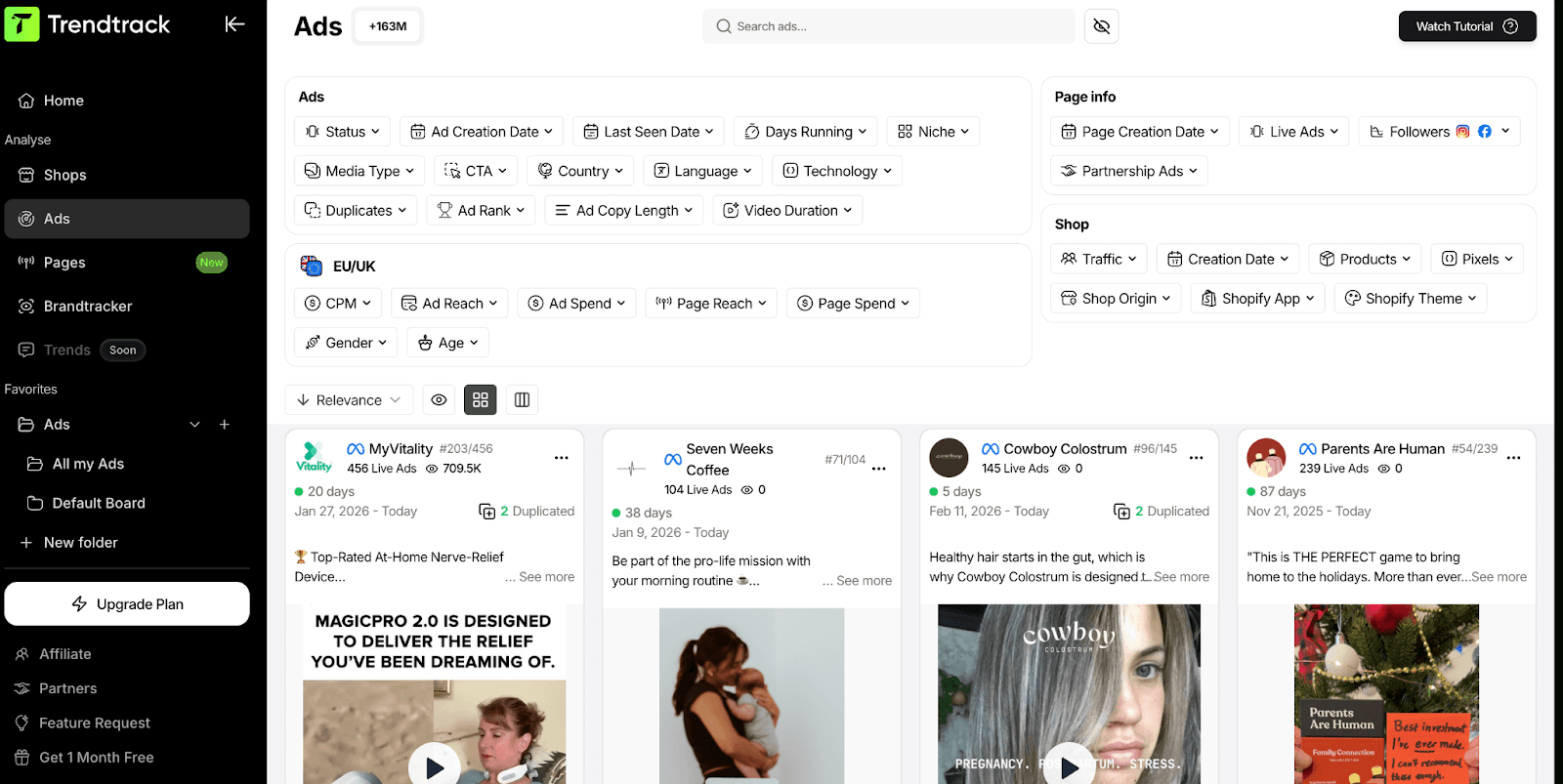 Trendtrack Ads and Creative dashboard interface