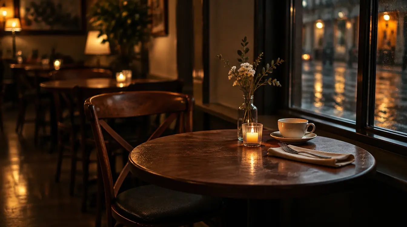 Empty café table set for one under warm ambient evening light