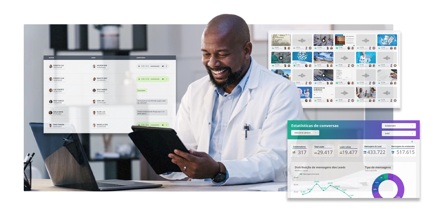 Médico utilizando a ferramenta Zapper e, ao seu lado, telas com as soluções de monitoramento, armazenamento e inteligência