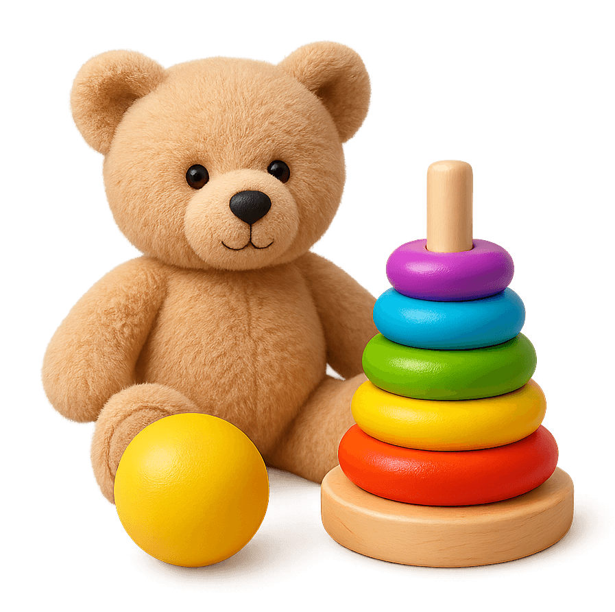 Kids and toys items such as a teddy bear and stacking rings for selling in this category