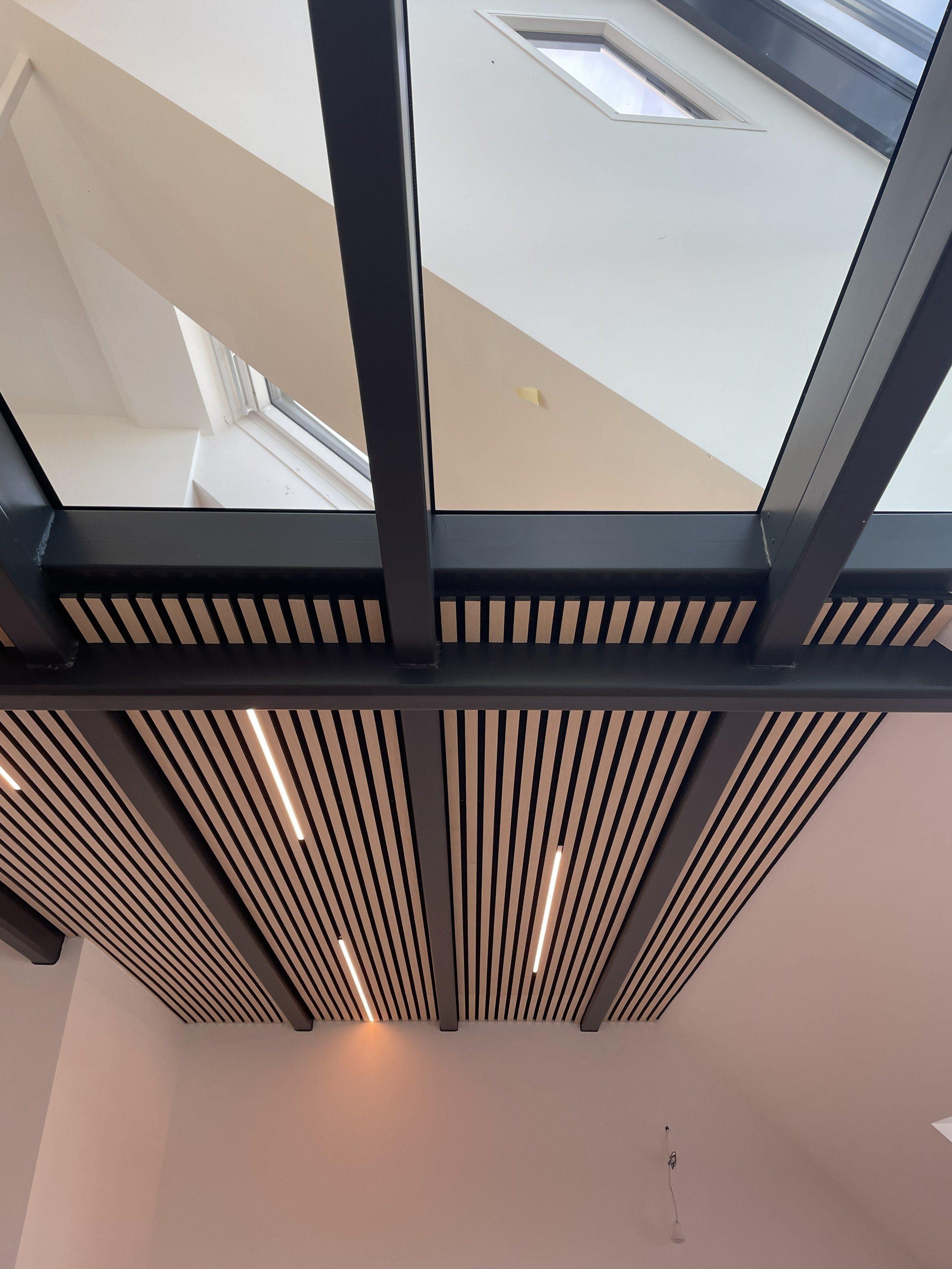 Kombination aus Glasdach und Akustikdecke für moderne Raumakustik und Tageslicht.