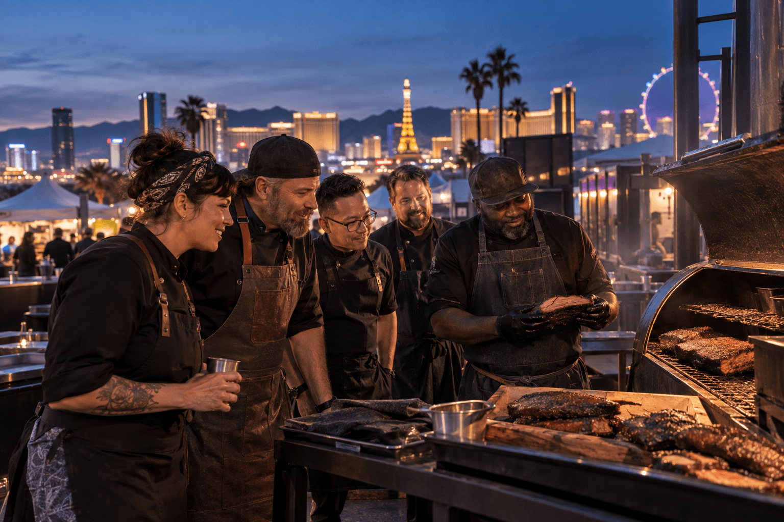 Internationale Barbecue-Fachleute an einem Smoker vor der abendlichen Skyline von Las Vegas