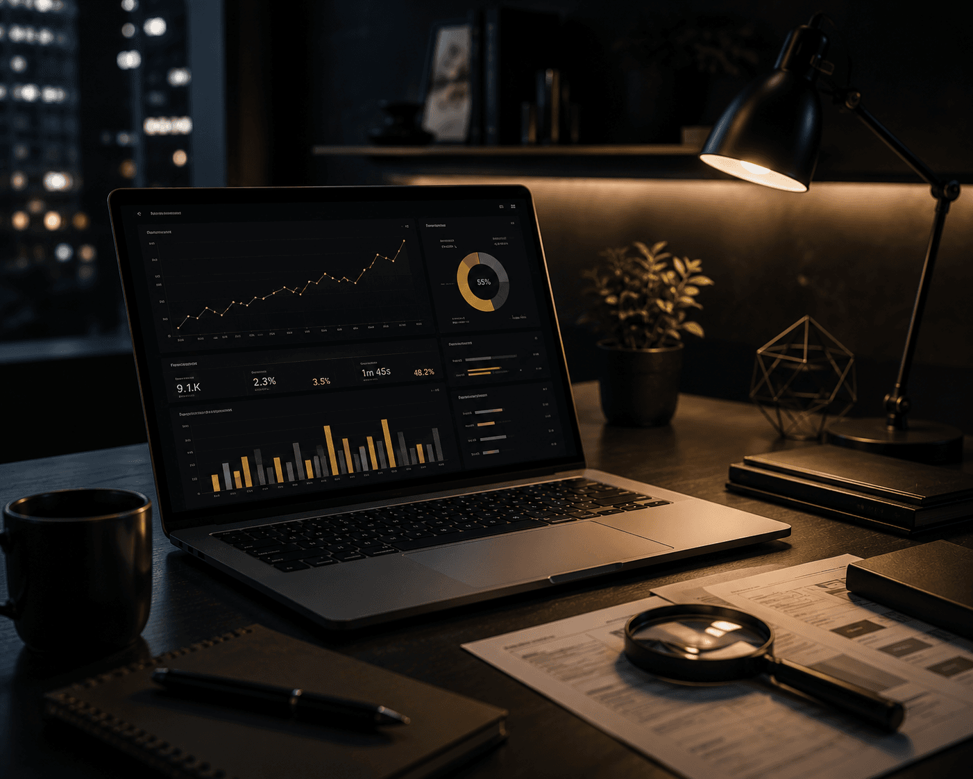 A sleek laptop displaying financial graphs and data analytics on its screen is placed on a dark wooden desk alongside a cup of coffee, a magnifying glass, and papers, set in a dimly-lit office with city lights visible in the background.