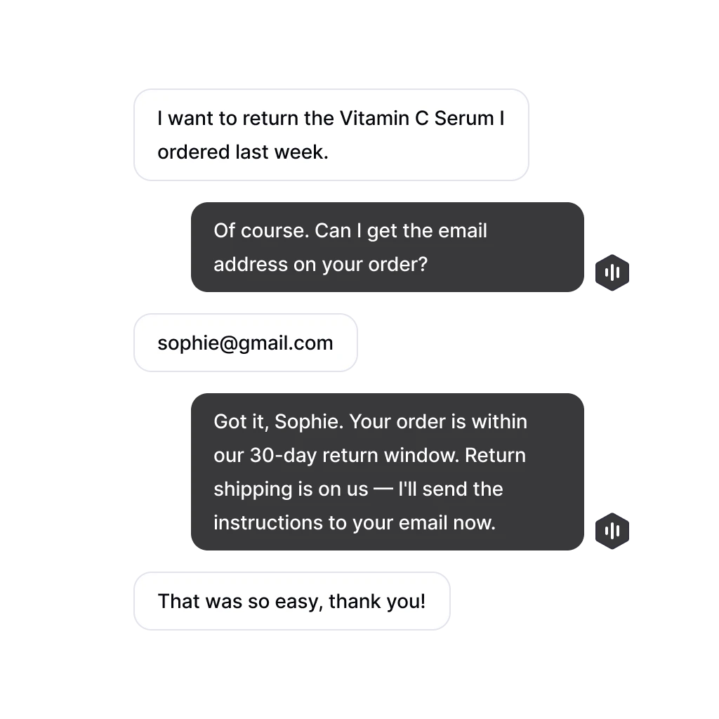 A Consio AI voice agent handling a return request, authenticating the customer by email, confirming return eligibility, and sending return instructions — fully resolved without a human agent.