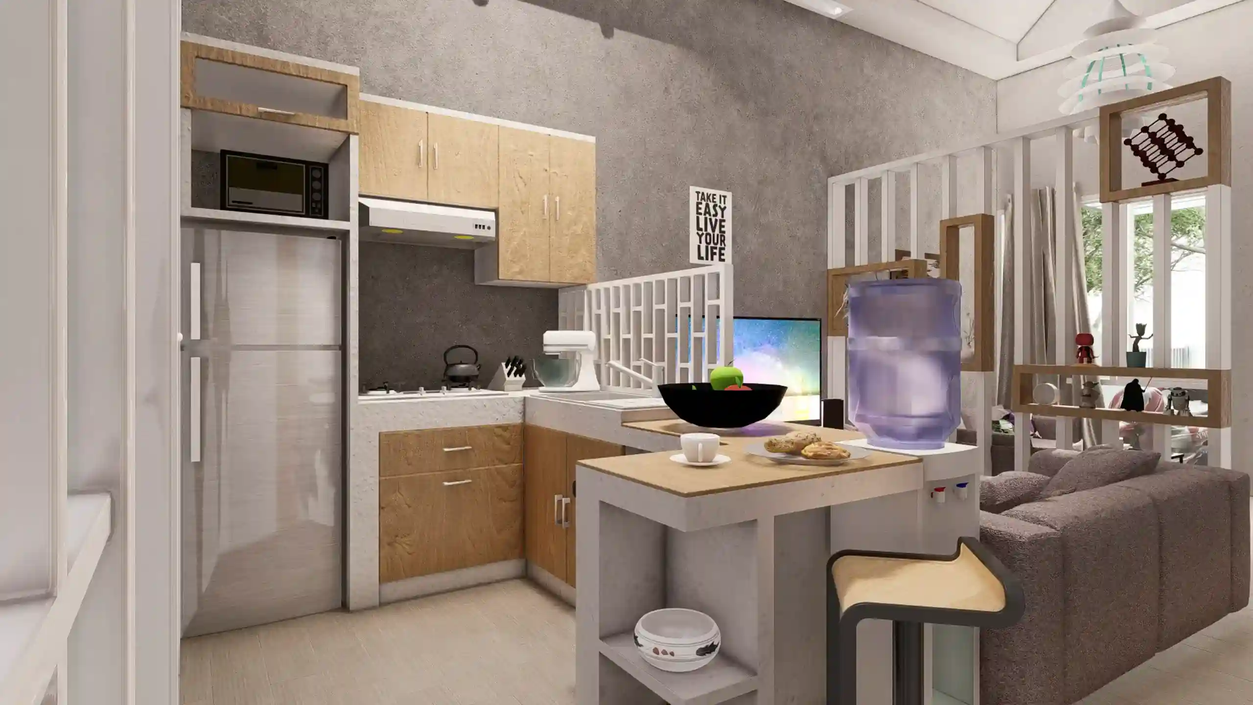 Compact House - Integrasi antara Ruang Keluarga dan Dapur: Perspektif dari Dapur