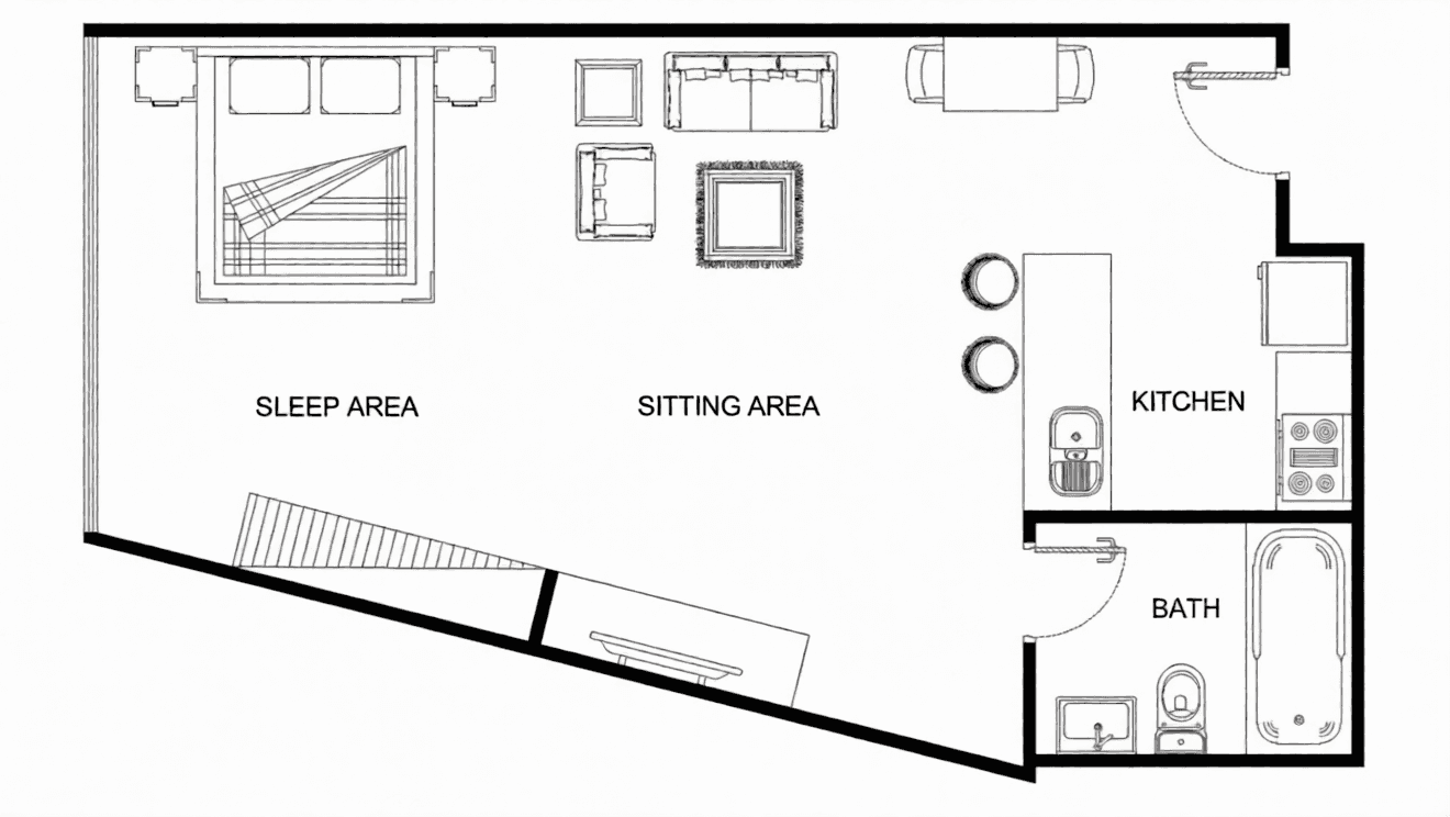 Studio apartment floor plan at Skycourt Towers Dubai, ideal for single professionals or real estate investors.