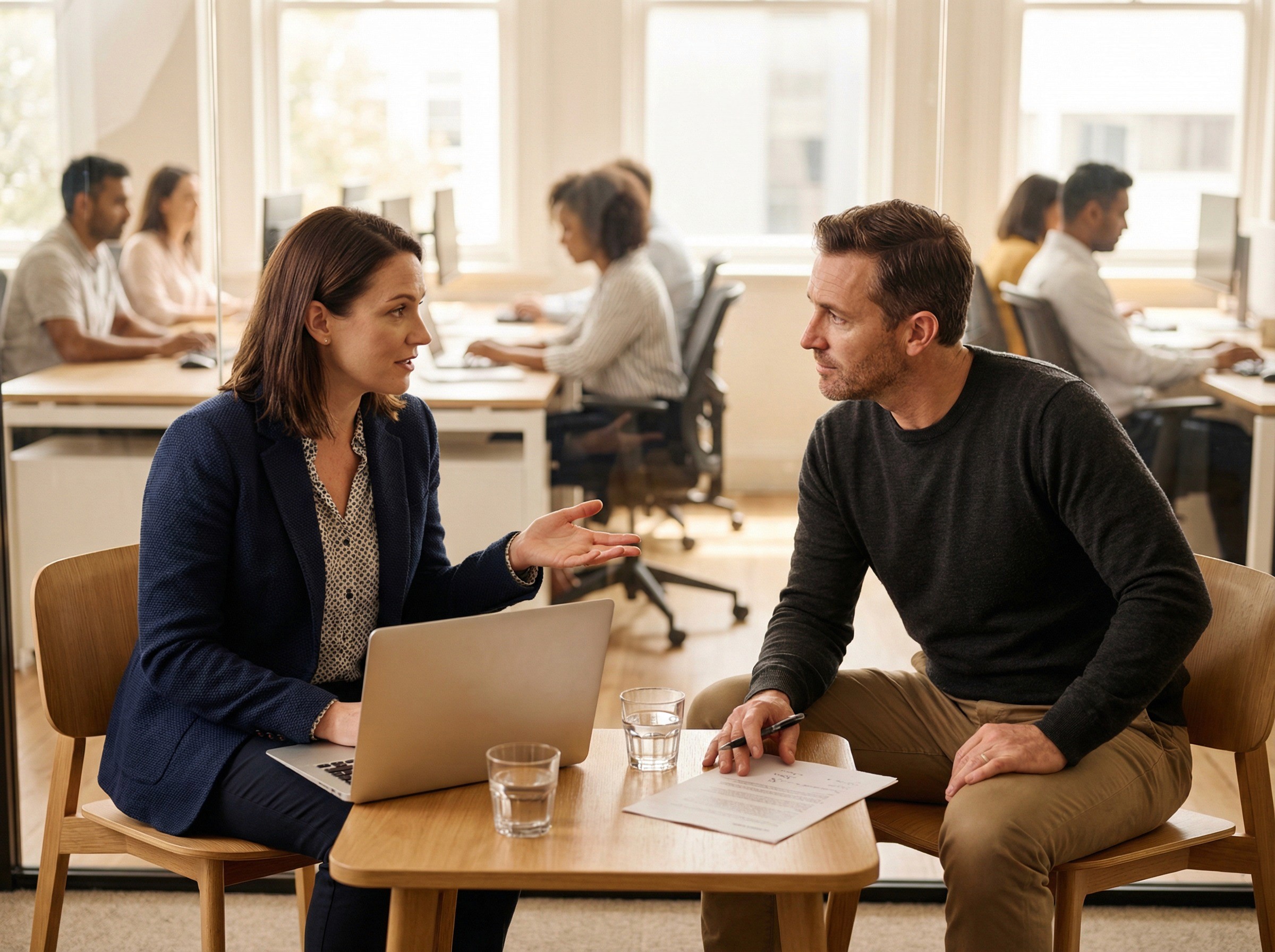 A health and safety representative in her late 30s and a team manager in his early 40s sitting across from each other at a small table in a glass-walled meeting room within a mid-sized office. The HSR has a laptop open and is talking, making a point with an open hand. The manager is listening with a considered expression, one hand resting on a printed agenda with a few handwritten notes in the margin. Between them, two water glasses and a single pen on the table. Through the glass walls, colleagues are visible at their desks in the open-plan office.