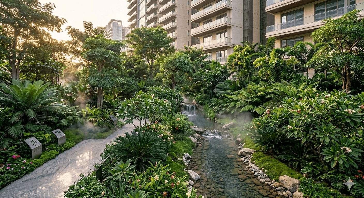 Lush green botanical landscape and water features at a premium residential project Gurugram