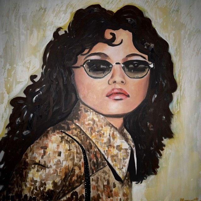 Woman with sunglasses and handbag portrait painting. 