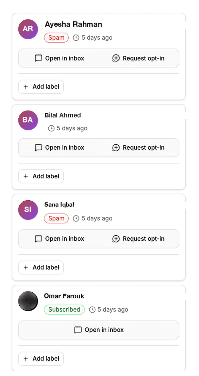 Messenger leads list showing imported leads with Spam and Subscribed badges and Open in inbox and Request opt-in buttons.
