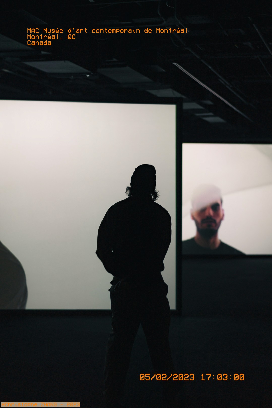 Silhouette d’un visiteur face à une projection d’art numérique au MAC.
