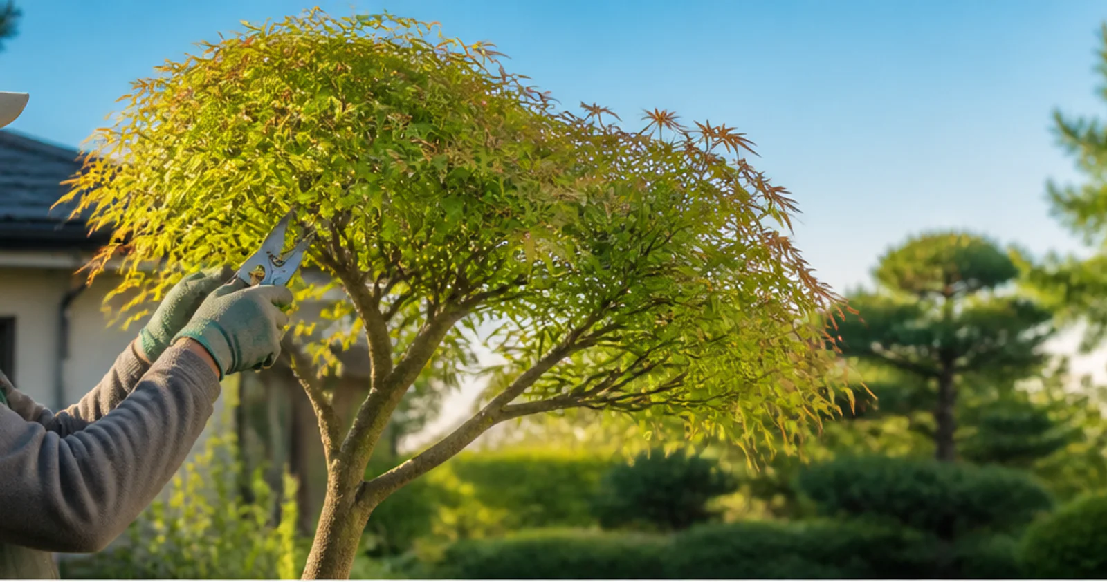 Gardener carefully pruning a small ornamental tree in clear morning light