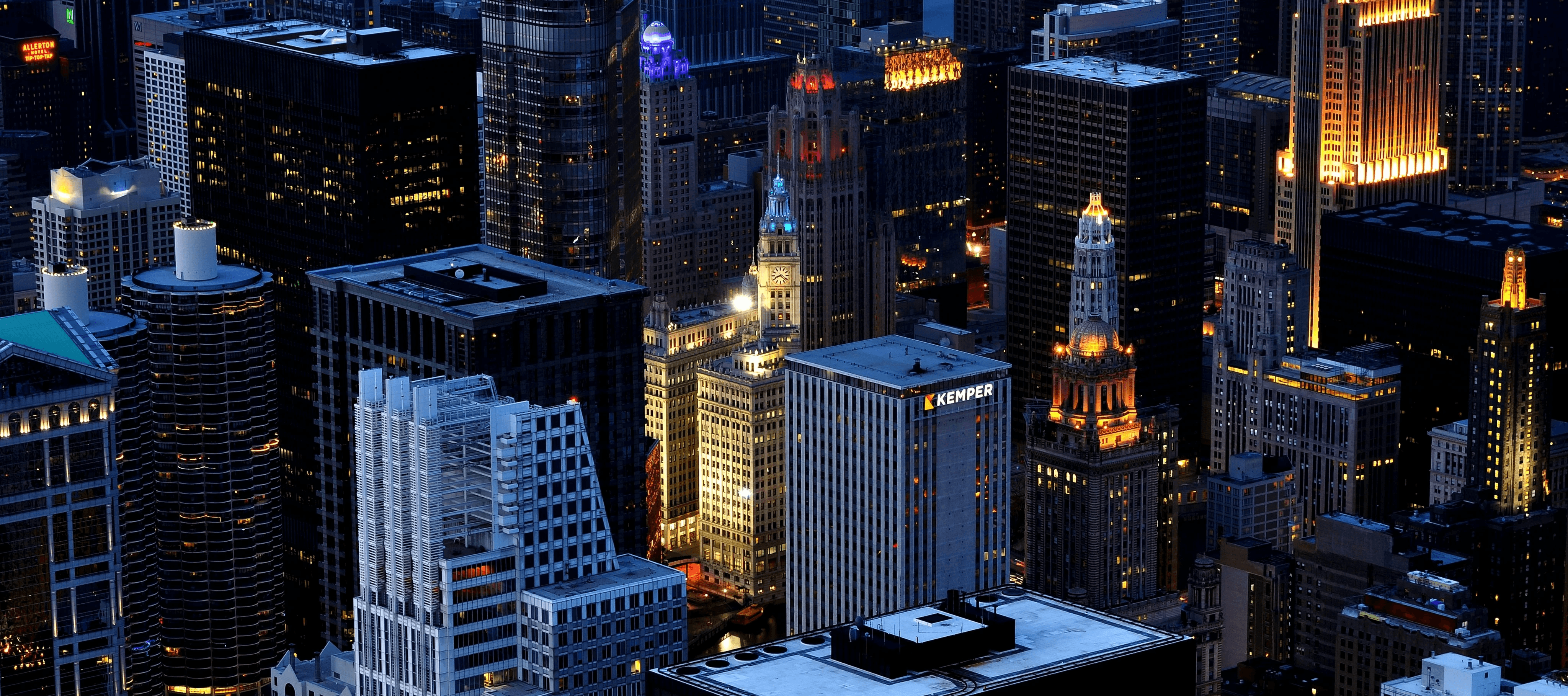 An aerial view of Chicago's central business district at dusk.