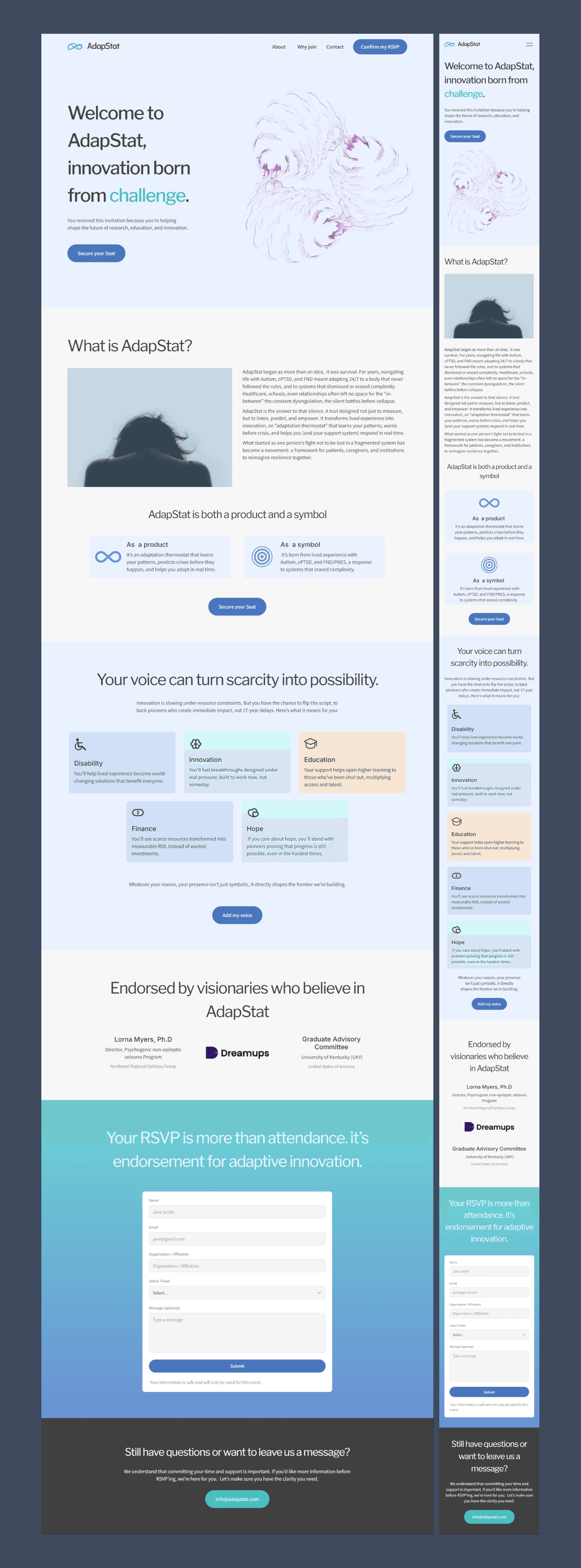Responsive landing page design for AdapStat, showing desktop and mobile layouts