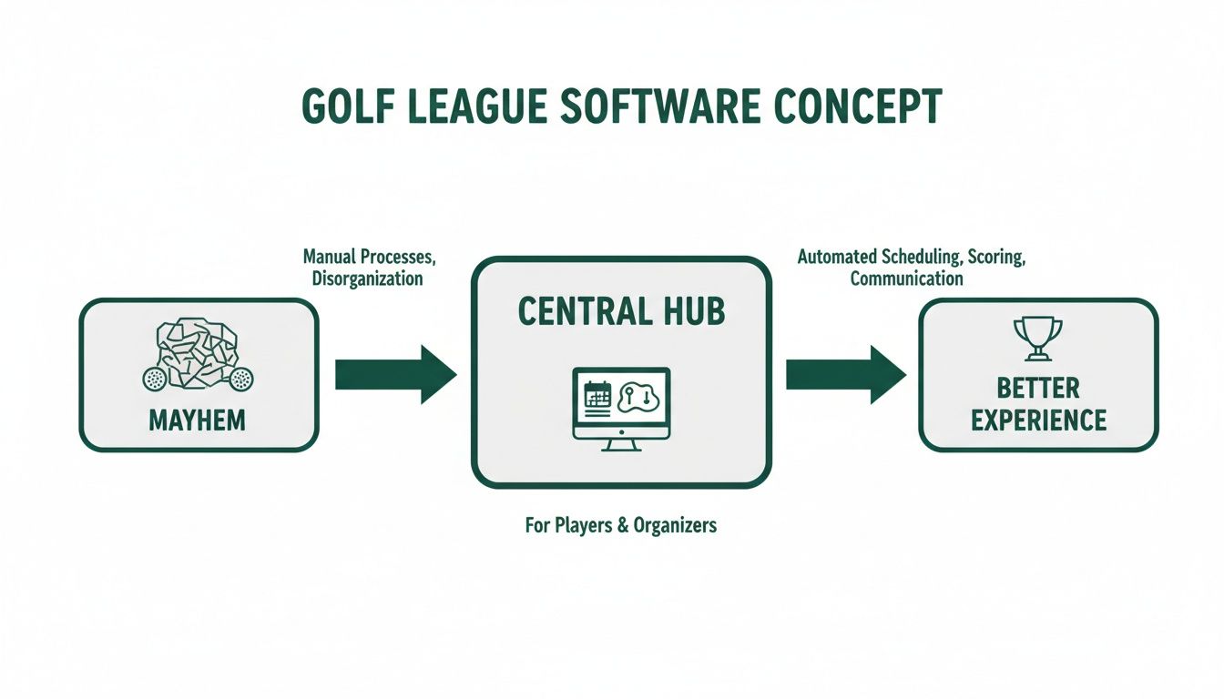 Diagram showing how golf league software transforms manual processes and disorganization into a better, automated experience.