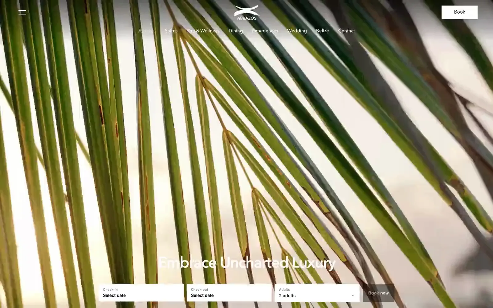 Villa Abrazos website with booking bar, luxury villa in Belize