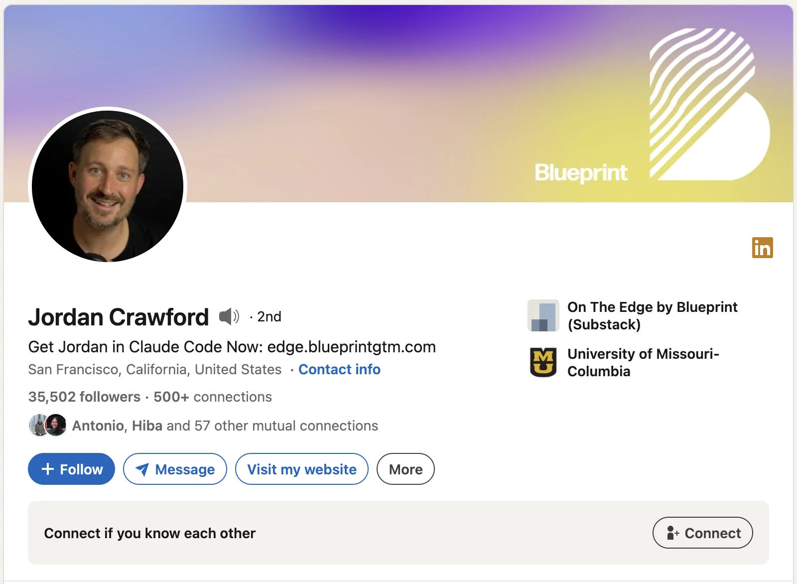 LinkedIn profile: Jordan Crawford, founder of Blueprint and Clay advisor
