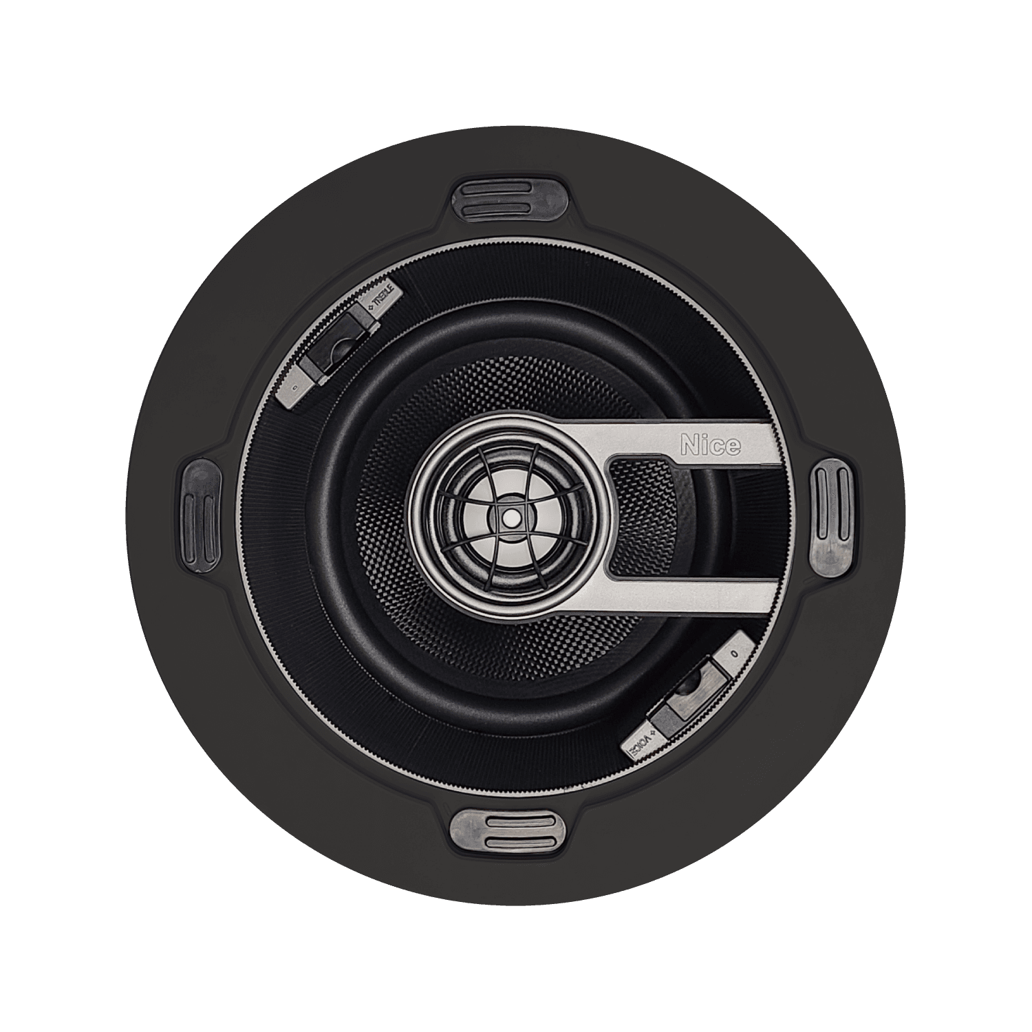 Round speaker with silver accents and "Nice" logo